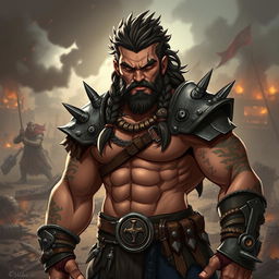 A stylized character design of a fierce and powerful warrior known as 'The Savage', who has just turned 34