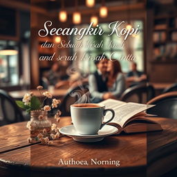 A romantic novel cover design for a book titled 'Secangkir Kopi dan Sebuah Kisah Cinta'