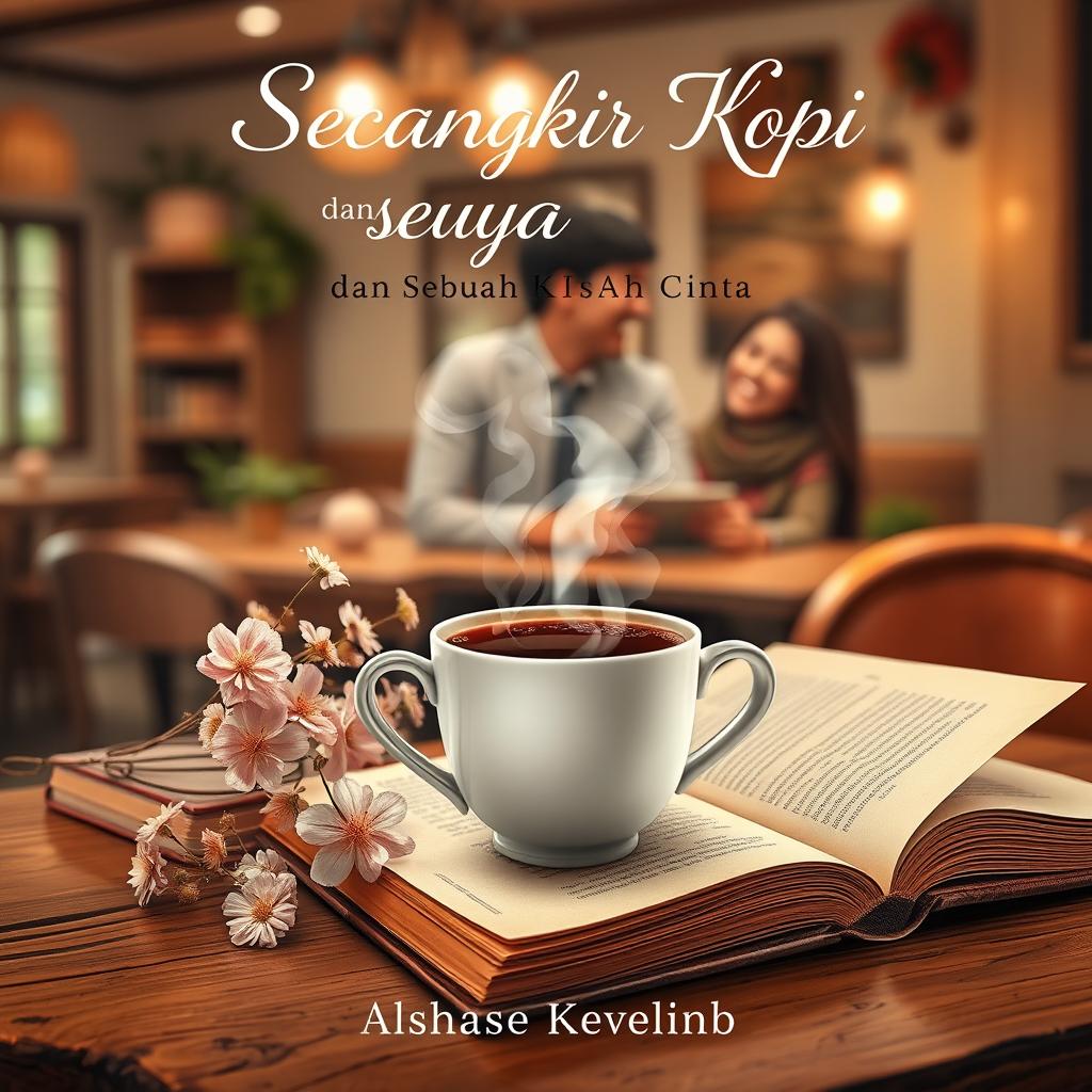A romantic novel cover design for a book titled 'Secangkir Kopi dan Sebuah Kisah Cinta'