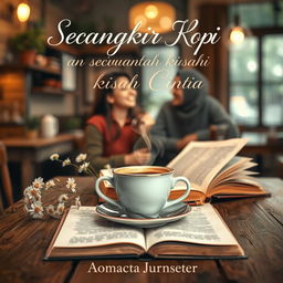 A romantic novel cover design for a book titled 'Secangkir Kopi dan Sebuah Kisah Cinta'