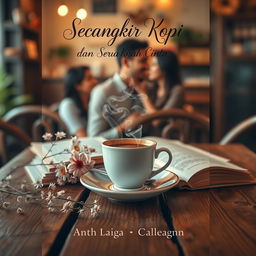 A romantic novel cover design for a book titled 'Secangkir Kopi dan Sebuah Kisah Cinta'
