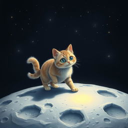 A whimsical scene featuring a cat walking on the moon, surrounded by a dark and starry sky