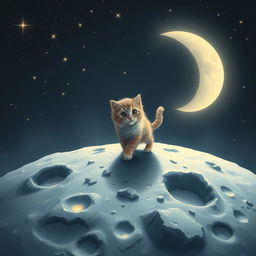 A whimsical scene featuring a cat walking on the moon, surrounded by a dark and starry sky