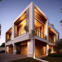 Create an image of a three-story building with a spacious garage, elegantly designed with modern architecture.