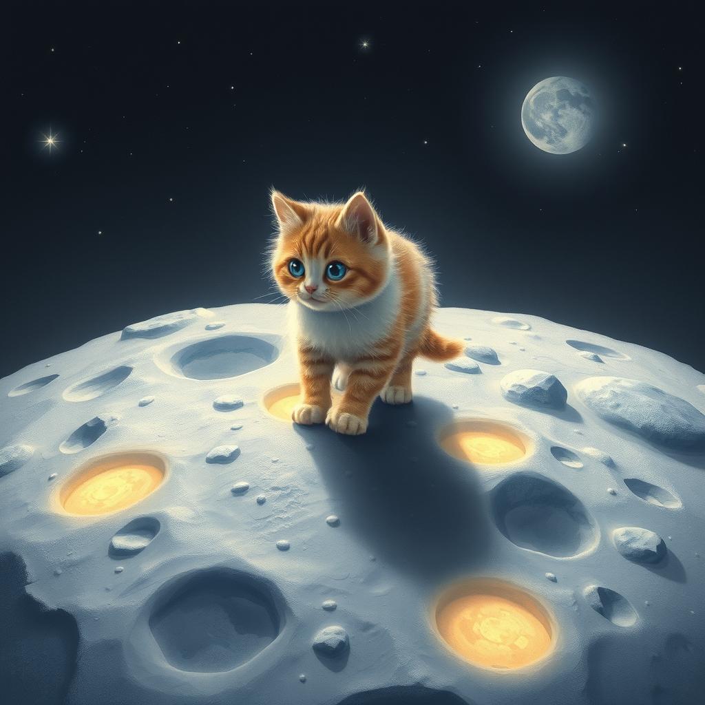 A whimsical scene featuring a cat walking on the moon, surrounded by a dark and starry sky