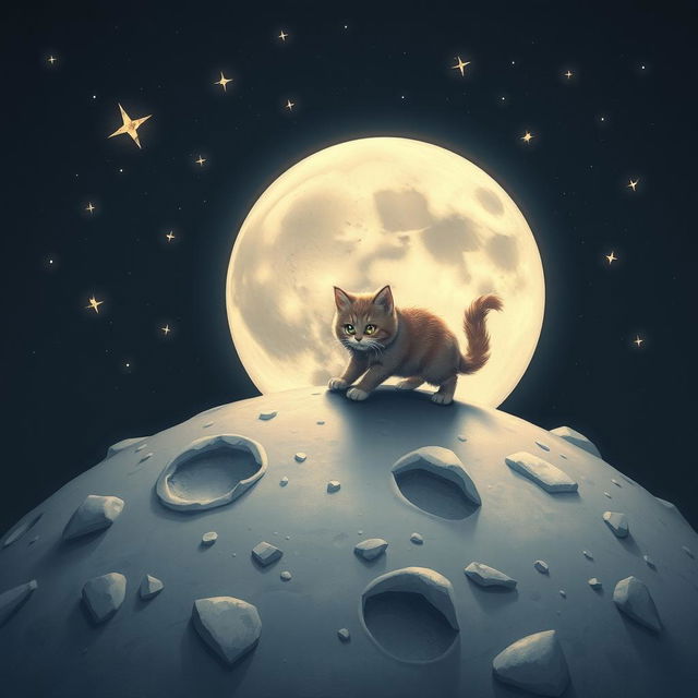 A whimsical scene featuring a cat walking on the moon, surrounded by a dark and starry sky