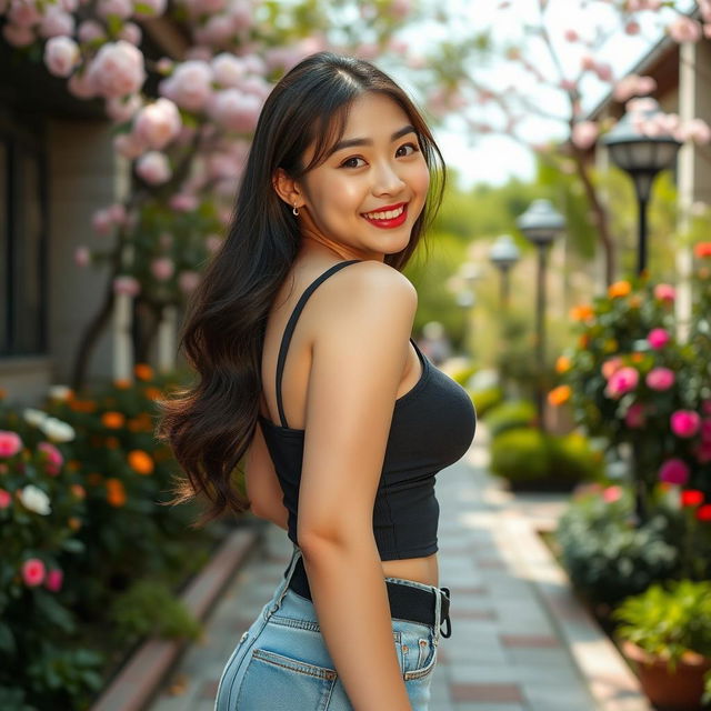 A stunningly beautiful Chinese university student with a curvaceous figure and large, round assets