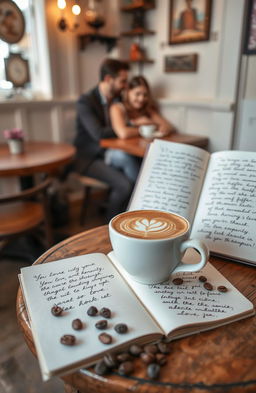 A cozy scene featuring a steaming cup of coffee on a small wooden table, next to an open notebook with handwritten love notes