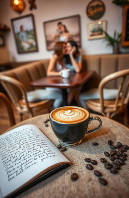 A cozy scene featuring a steaming cup of coffee on a small wooden table, next to an open notebook with handwritten love notes