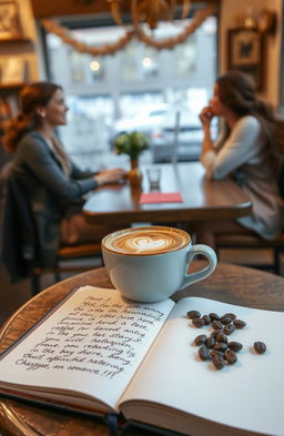 A cozy scene featuring a steaming cup of coffee on a small wooden table, next to an open notebook with handwritten love notes