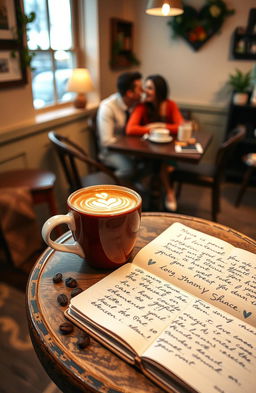 A cozy scene featuring a steaming cup of coffee on a small wooden table, next to an open notebook with handwritten love notes