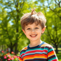 A portrait of a charming young boy with a bright smile, wearing a colorful striped t-shirt