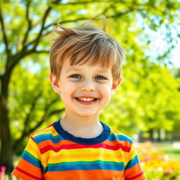 A portrait of a charming young boy with a bright smile, wearing a colorful striped t-shirt