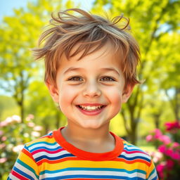 A portrait of a charming young boy with a bright smile, wearing a colorful striped t-shirt