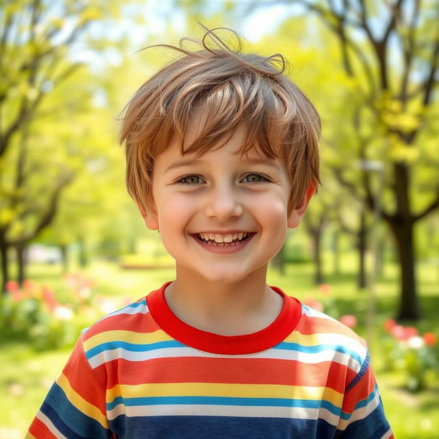 A portrait of a charming young boy with a bright smile, wearing a colorful striped t-shirt