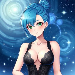 An alluring anime character with vibrant blue hair styled in an elegant updo, captivating emerald green eyes, and wearing a sleek, revealing black dress adorned with intricate lace patterns