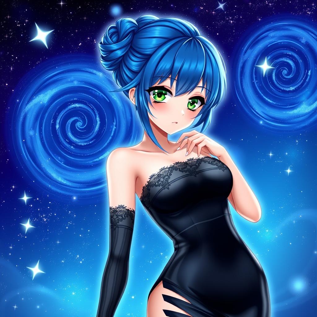 An alluring anime character with vibrant blue hair styled in an elegant updo, captivating emerald green eyes, and wearing a sleek, revealing black dress adorned with intricate lace patterns