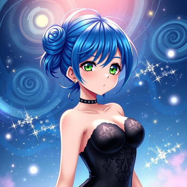 An alluring anime character with vibrant blue hair styled in an elegant updo, captivating emerald green eyes, and wearing a sleek, revealing black dress adorned with intricate lace patterns