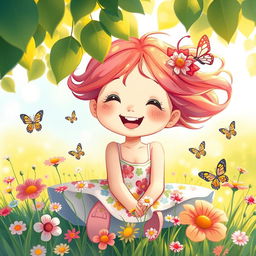 A charming and playful illustration of a cute girl with a bright smile, wearing a colorful summer dress, surrounded by flowers and butterflies