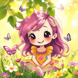 A charming and playful illustration of a cute girl with a bright smile, wearing a colorful summer dress, surrounded by flowers and butterflies