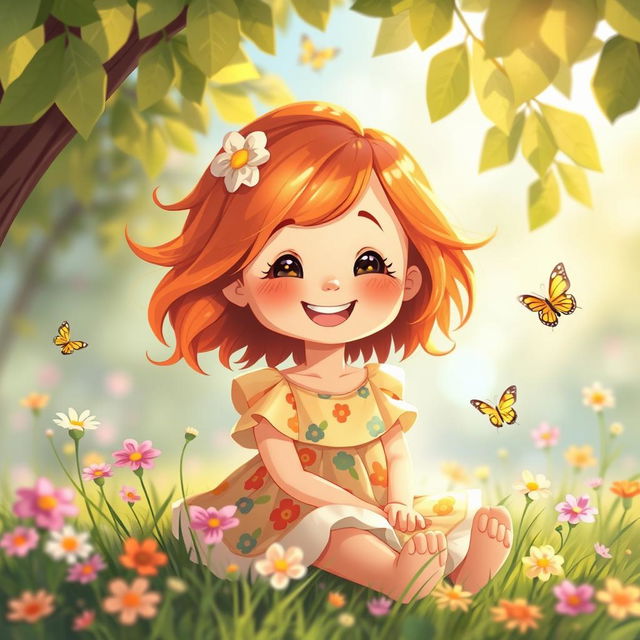 A charming and playful illustration of a cute girl with a bright smile, wearing a colorful summer dress, surrounded by flowers and butterflies