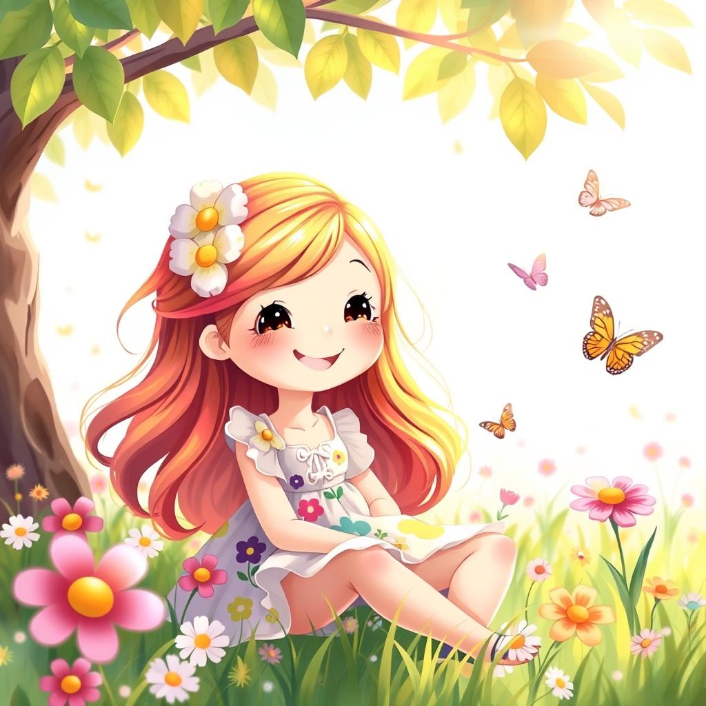 A charming and playful illustration of a cute girl with a bright smile, wearing a colorful summer dress, surrounded by flowers and butterflies