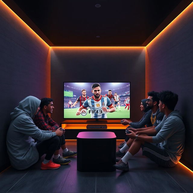 A vibrant scene depicting a group of Egyptian youth gathered in a cozy, closed room, fully immersed in a gaming session on a PlayStation 5