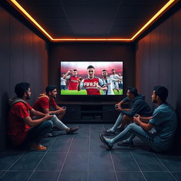 A vibrant scene depicting a group of Egyptian youth gathered in a cozy, closed room, fully immersed in a gaming session on a PlayStation 5