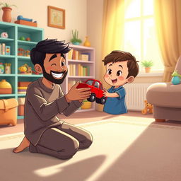 A cheerful living room scene featuring a Muslim father kneeling with a big smile, lovingly holding out a bright red toy car to his child