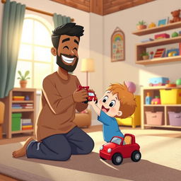 A cheerful living room scene featuring a Muslim father kneeling with a big smile, lovingly holding out a bright red toy car to his child