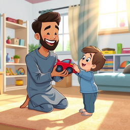 A cheerful living room scene featuring a Muslim father kneeling with a big smile, lovingly holding out a bright red toy car to his child