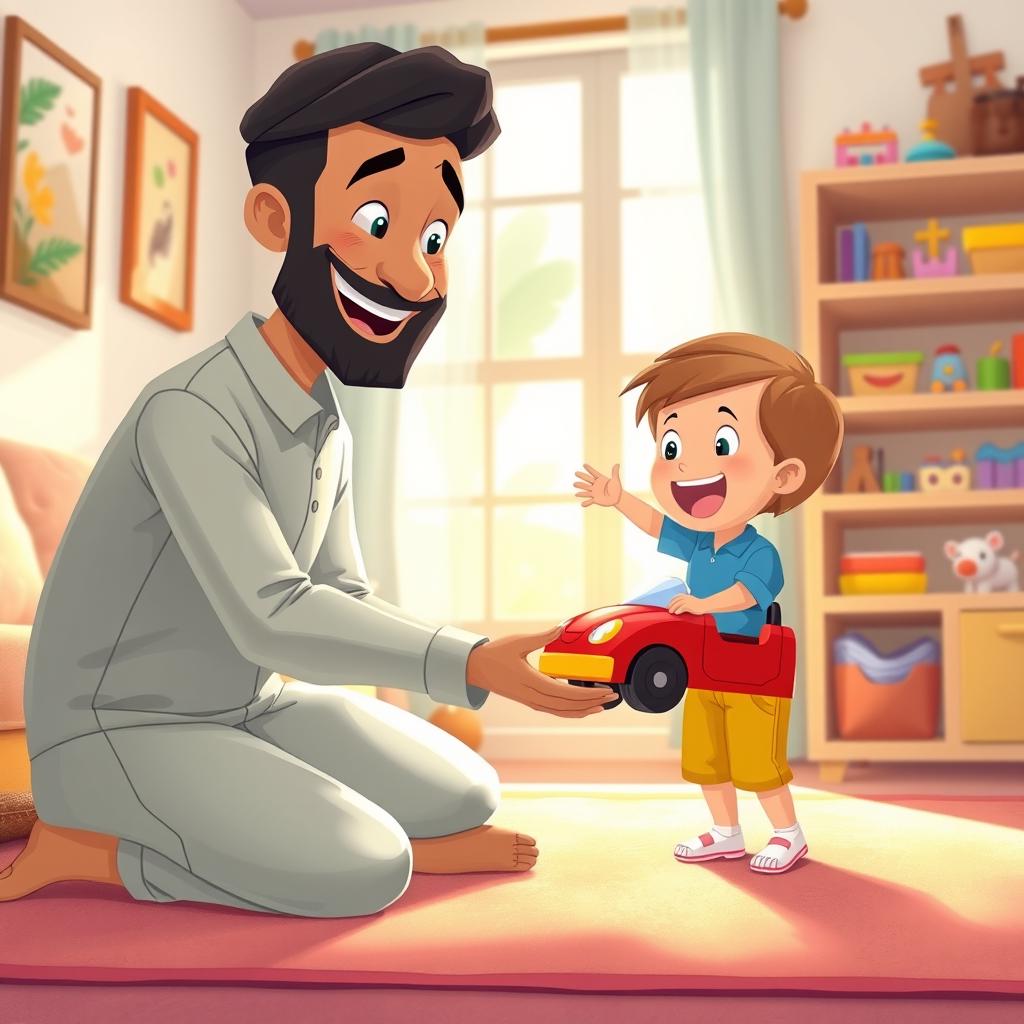 A cheerful living room scene featuring a Muslim father kneeling with a big smile, lovingly holding out a bright red toy car to his child