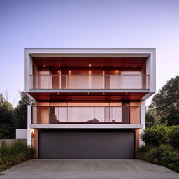 Create an image of a three-story building with a spacious garage, elegantly designed with modern architecture.