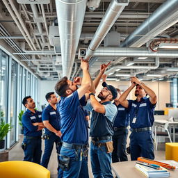 A professional air conditioning technical team working on ducts installation and maintenance in a modern office building