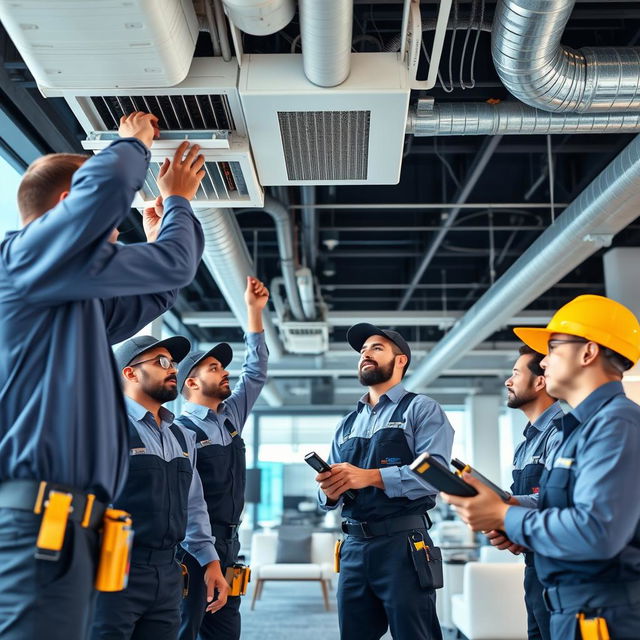 A professional air conditioning technical team working on ducts installation and maintenance in a modern office building