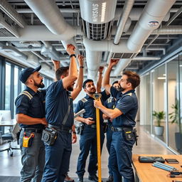 A professional air conditioning technical team working on ducts installation and maintenance in a modern office building