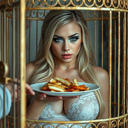 A stunningly sexy and beautiful 19-year-old woman with long blond hair, depicted inside a decorative cage