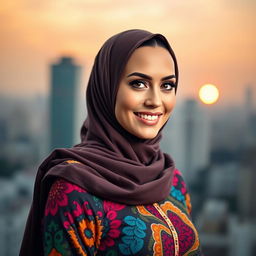 A stylish and artistic portrait of a woman resembling Katy Perry, elegantly wearing a hijab