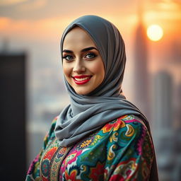 A stylish and artistic portrait of a woman resembling Katy Perry, elegantly wearing a hijab