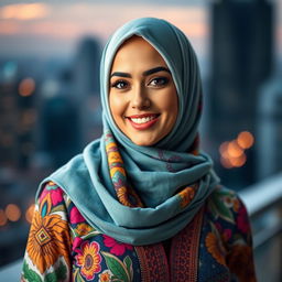 A stylish and artistic portrait of a woman resembling Katy Perry, elegantly wearing a hijab