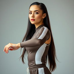 A beautiful Russian female rhythmic gymnast with long, dark hair styled in a sleek manner, aged 36