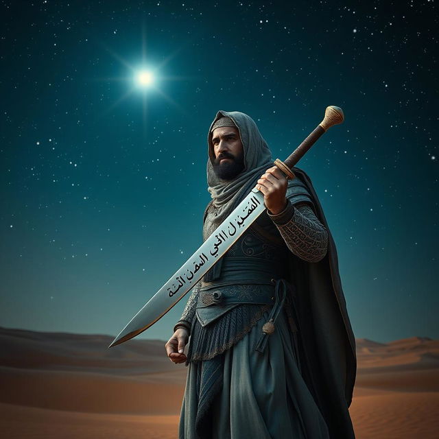 An ancient Islamic warrior stands stoically in a vast desert under a starry night sky