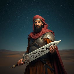 An ancient Islamic warrior stands stoically in a vast desert under a starry night sky