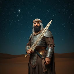 An ancient Islamic warrior stands stoically in a vast desert under a starry night sky