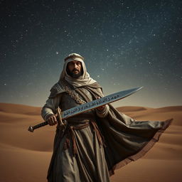 An ancient Islamic warrior stands stoically in a vast desert under a starry night sky