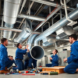 A technical team working on air conditioning ducts in a commercial building