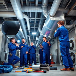 A technical team working on air conditioning ducts in a commercial building