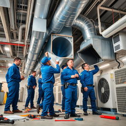 A technical team working on air conditioning ducts in a commercial building