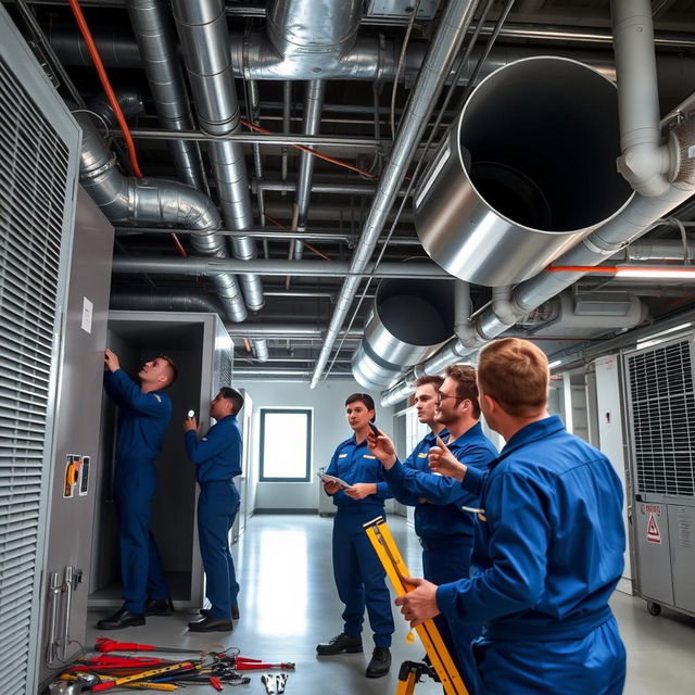 A technical team working on air conditioning ducts in a commercial building