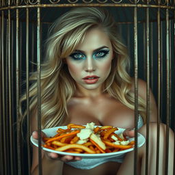 A captivatingly sexy and beautiful 19-year-old woman with long, flowy blond hair, positioned inside an elaborately designed cage